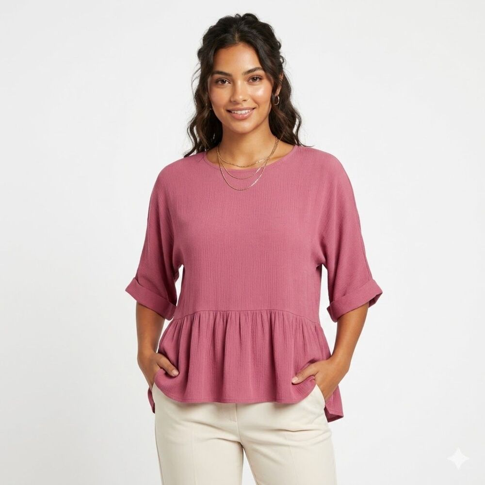 Indigo Thread & Co Mauve Peplum Gauze Lightweight Blouse SZ M